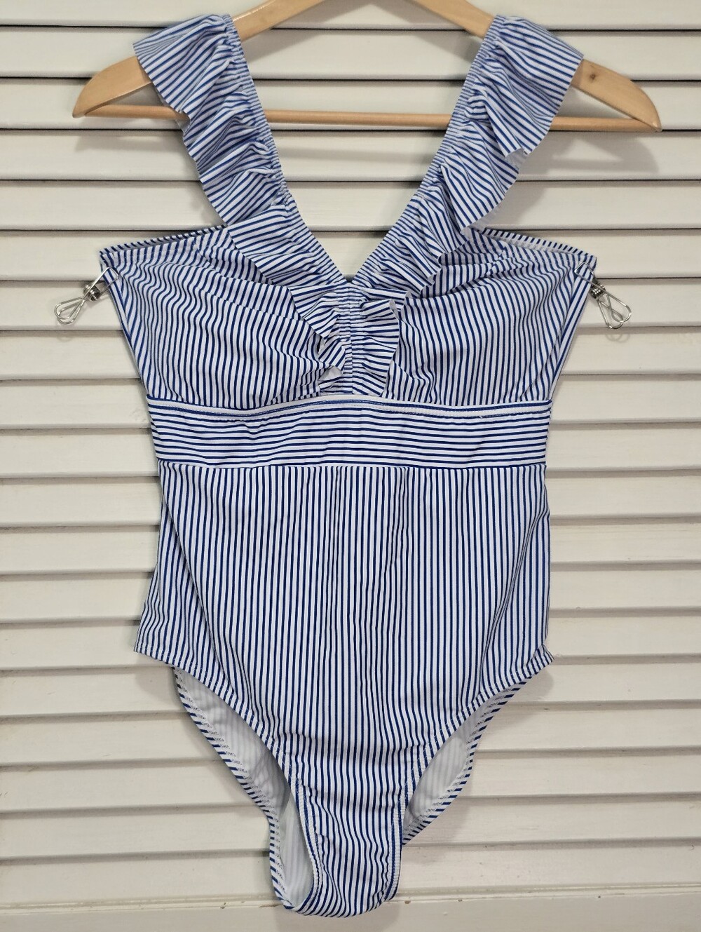 Women's One-Piece Swimsuit Medium Blue & White Striped. Ruffles. Like-New.
